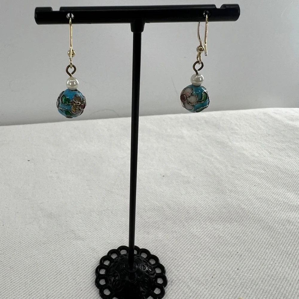 Vintage Blue Cloisonne Double Hand Knotted bead necklace and earrings